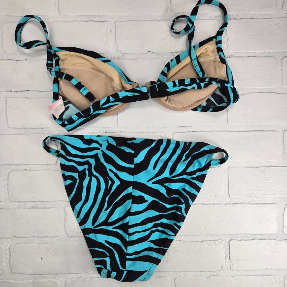 Victoria's Secret Bikini Vintage Y2K Teal Black Zebra Strap 34B Medium - Picture 4 of 4